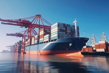Naklejka premium Container ship at the berth in cargo terminal of the port under loading. Port cranes load containers, place them in rows on the deck of the vessel. Global freight shipping concept. 3D illustration.