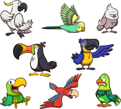 Cartoon Tropical Birds. Vector illustration with simple gradients. All in one single layer.