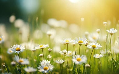 A beautiful field of white daisies basking in the sunlight. AI