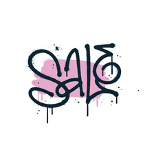 Sale - Sprayed urban graffiti lettering word with overspray in black over color shape. 90s Grunge trendy vector illustration.