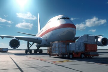Loading a cargo plane at the airport. A cargo trolley delivering cargo to the jet on the airfield. Global freight transportation, airmail and logistics concept. 3D illustration.