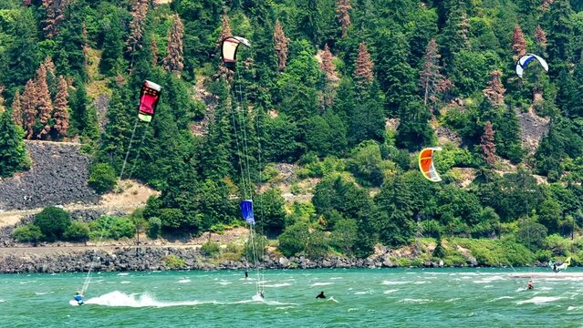 Windsurfing Thrills: Exhilarating Views of Windsurfers on the Columbia River in Oregon, USA, Immortalized in Stunning 4K Resolution