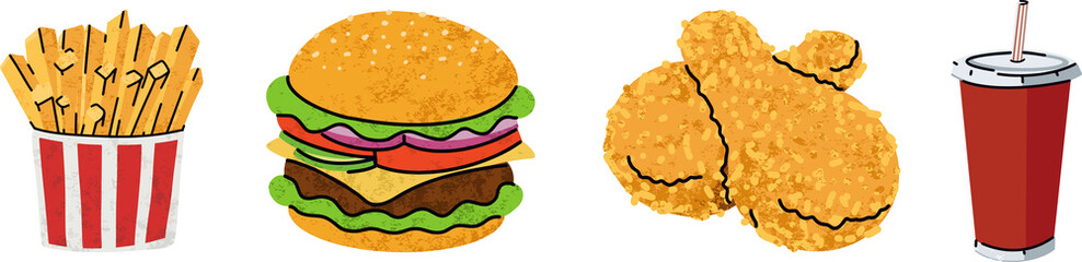 fast food, cartoon icons set, simple flat style, street high calorie food illustration.