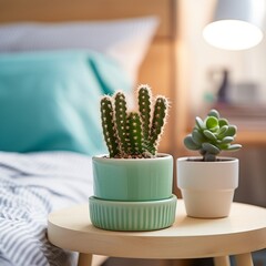 Cute mini Cactus plant in a pot on table beside