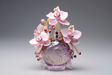 Glass perfume jar decorated with glass flowers, art. AI generative