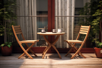 Home terrace table with coffee cups, two wooden chairs and plants. Generative AI