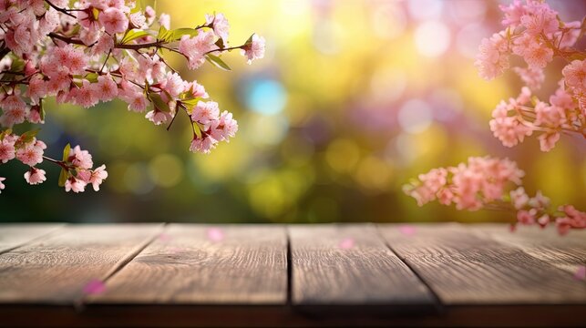 Empty wooden table top with blur background of pink cherry blossom flowers