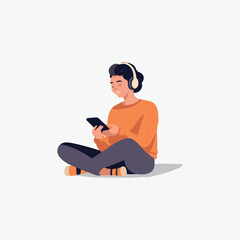 sweet woman working on her cell phone listening to music on headphones