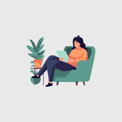 woman sitting in armchair watching on tablet
