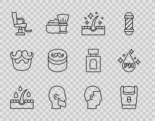 Set line Oil for hair care treatment, Electric razor blade, Mustache and beard, Barbershop chair, Gel wax styling, Hairstyle and icon. Vector