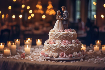 Beautifully decorated wedding cake with bride and groom figurines on top. Generative AI image.