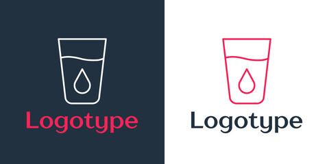 Logotype line Glass with water icon isolated on white background. Soda glass. Logo design template element. Vector