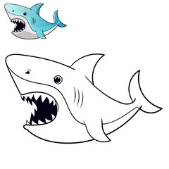 Cute baby Shark coloring page. Black and white cartoon illustration for simple design or coloring books education.