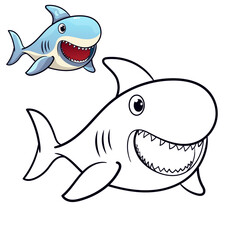 Cute baby Shark coloring page. Black and white cartoon illustration for simple design or coloring books education.