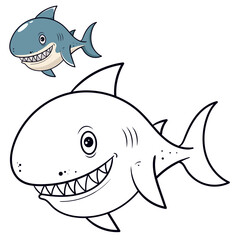 Cute baby Shark coloring page. Black and white cartoon illustration for simple design or coloring books education.