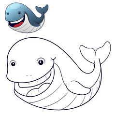 Whale Coloring Page Colored Illustration. cartoon whale character for children, coloring and scrap book