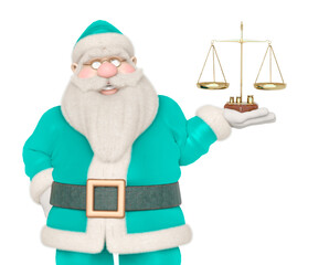 santa claus is smiling and holding a balance scale