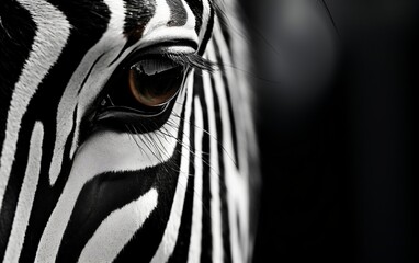 A close up of a zebra's eye with black and white stripes. AI