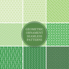 Collection of seamless ornament vector patterns. Green oriental symmetry backgrounds. Geometric tile mosaic design