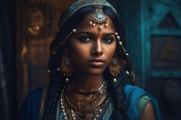 Portrait of young beautiful traditional indian woman with traditional clothes - Powered by Adobe