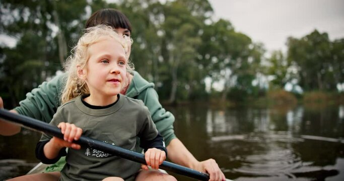 Girl, mother and pointing in kayak on river on holiday, vacation and travel together. Happy mom, child on boat and gesture for sightseeing, bonding at lake and exercise for family adventure outdoor.