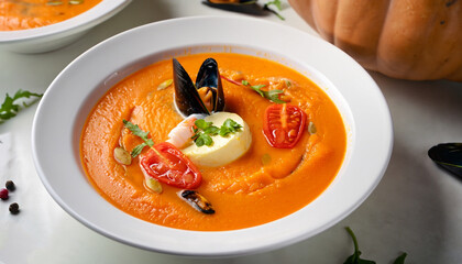 soup food eat orange carrot italian lunch seafood bowl tomato vegetable cream hot mussels gourmet elegant chef pumpkin