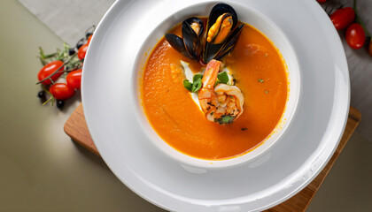 soup food eat orange carrot italian lunch seafood bowl tomato vegetable cream hot mussels gourmet...