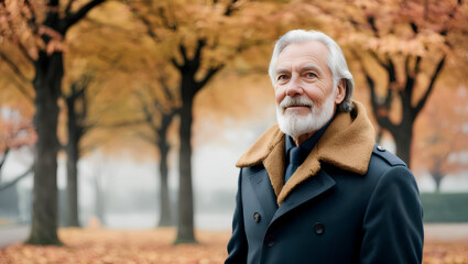 Portrait of senior man with silver hair and beard wearing blue coat. Blurred autumn background with copy space. Generative AI.