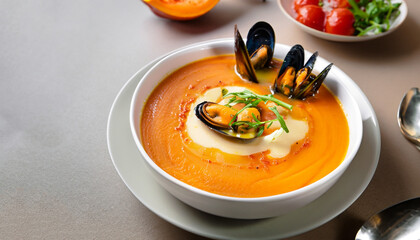 soup food eat orange carrot italian lunch seafood bowl tomato vegetable cream hot mussels gourmet...