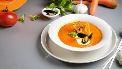 soup food eat orange carrot italian lunch seafood bowl tomato vegetable cream hot mussels gourmet elegant chef pumpkin