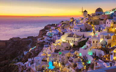 Oia Santorini Greece in the evening during sunset, a traditional Greek village in Santorini.