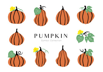 かぼちゃと葉っぱと花のイラストセット（北欧＆西洋風）