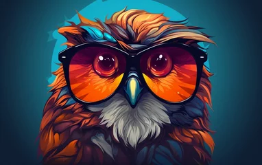 Fotobehang Uiltjes An owl sporting sunglasses against a solid color background, Generative Ai