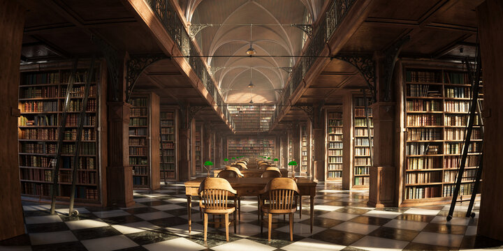 An old library full of beautiful wooden shelves stacked with vintage books.