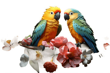 Cute 3D Birds Floral Parrot on Transparent Background. Generative AI