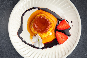 caramel flan sweet dessert jelly meal food snack on the table copy space food background rustic top view
