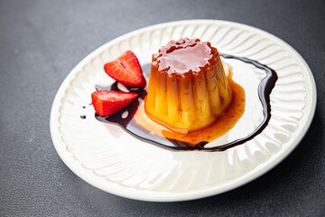 caramel flan sweet dessert jelly meal food snack on the table copy space food background rustic top view