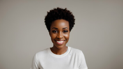 Fototapeta premium Smiling woman with black, curly hair on natural background with copy space. Generative AI.