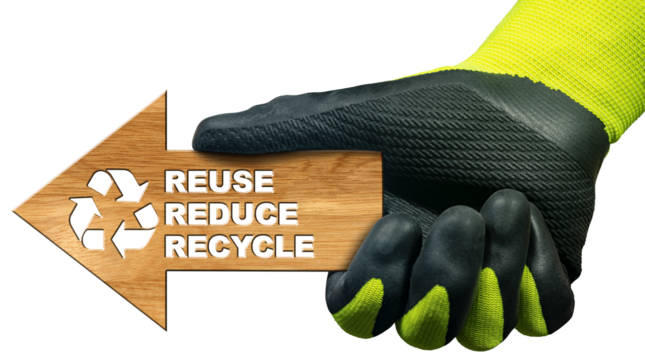 Manual worker with work gloves holding a wooden directional sign with text Reuse, Reduce and Recycle. Isolated on white or transparent background. Sustainable Resources concept. Png.