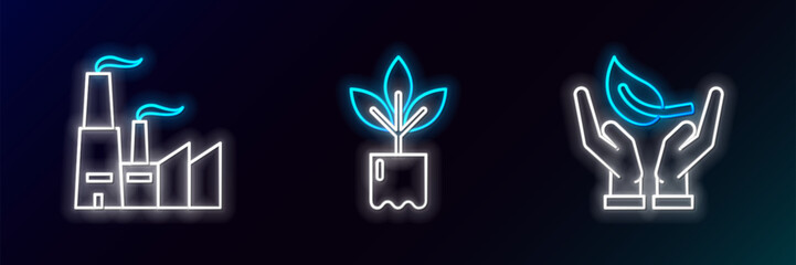 Set line Sprout in hand of environmental protection, Factory and Plant bottle icon. Glowing neon. Vector
