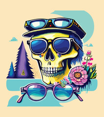 skull head surrounded by flowers and leaves illustration
