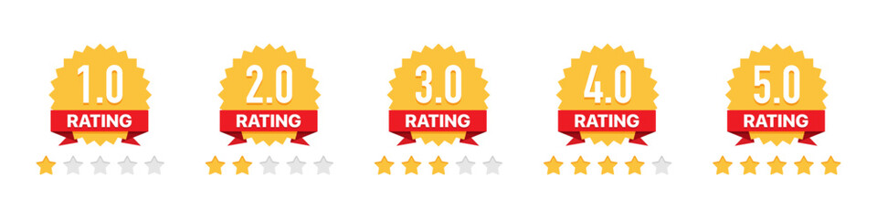 Feedback badges collection with star rating. Set of rating stars badges with ribbon in a flat design. Star rating emblem collection