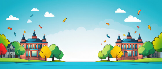 Back to school concept: Illustration of two schools with trees on a blue sky with white clouds. 