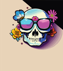 skull head surrounded by flowers and leaves illustration