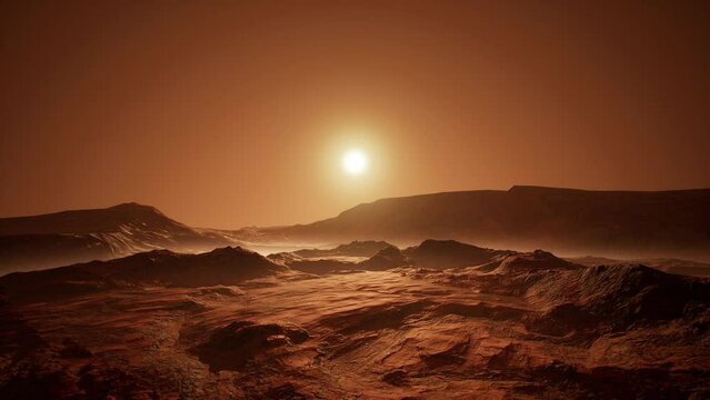 Side aerial view at sunset of the red Martian desert surface on Mars. Sci-Fi landscape