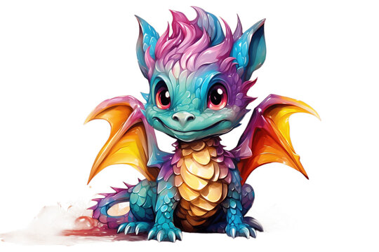 Rainbow Colored Baby Dragon Colorful Dragon on Transparent Background. Generative AI