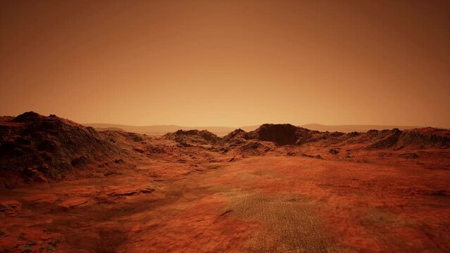 Aerial view of the red Martian desert surface on Mars. Sci-Fi Landscape