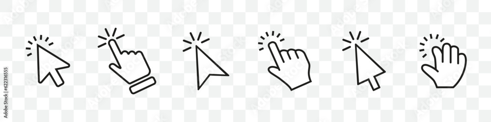 Poster Arrow and hand computer cursor icon collection. Set of click cursor icons. Computer cursor symbol collection with arrow and hand
