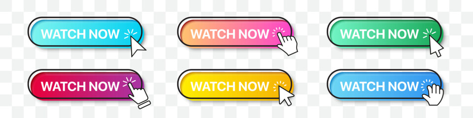 Watch now buttons collection with arrow and hand cursor pointer. Gradient button with shadow. Set of digital web buttons. App website button collection