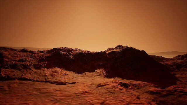 Aerial landscape of the red Martian desert surface on Mars. Sci-Fi scenery